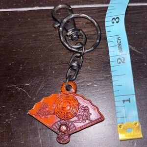 Vintage | Asian Carved Fan Keychain | Burnt Orange Resin Bag Charm